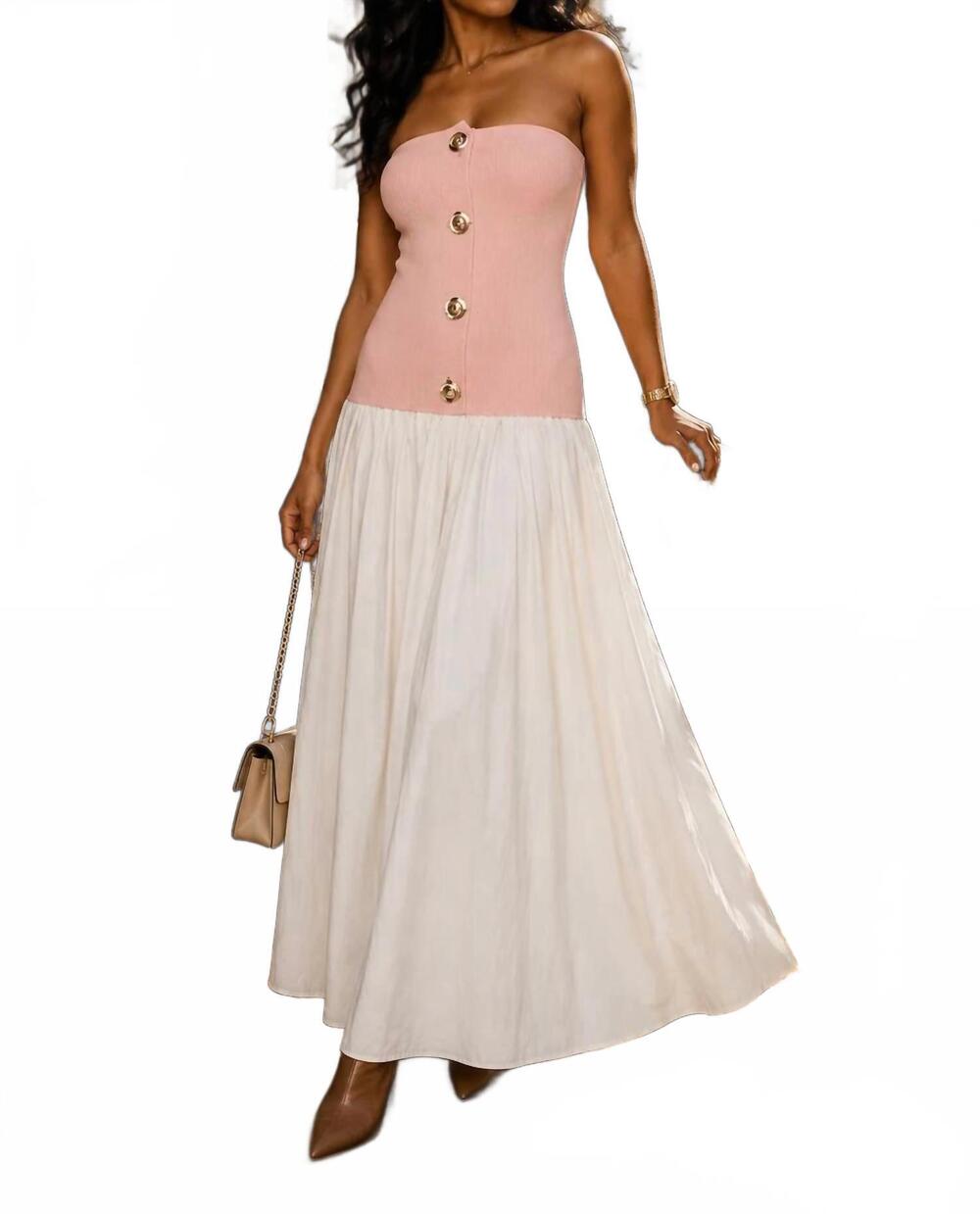 NEW SURELYMINE strapless button-front color block maxi dress in pink